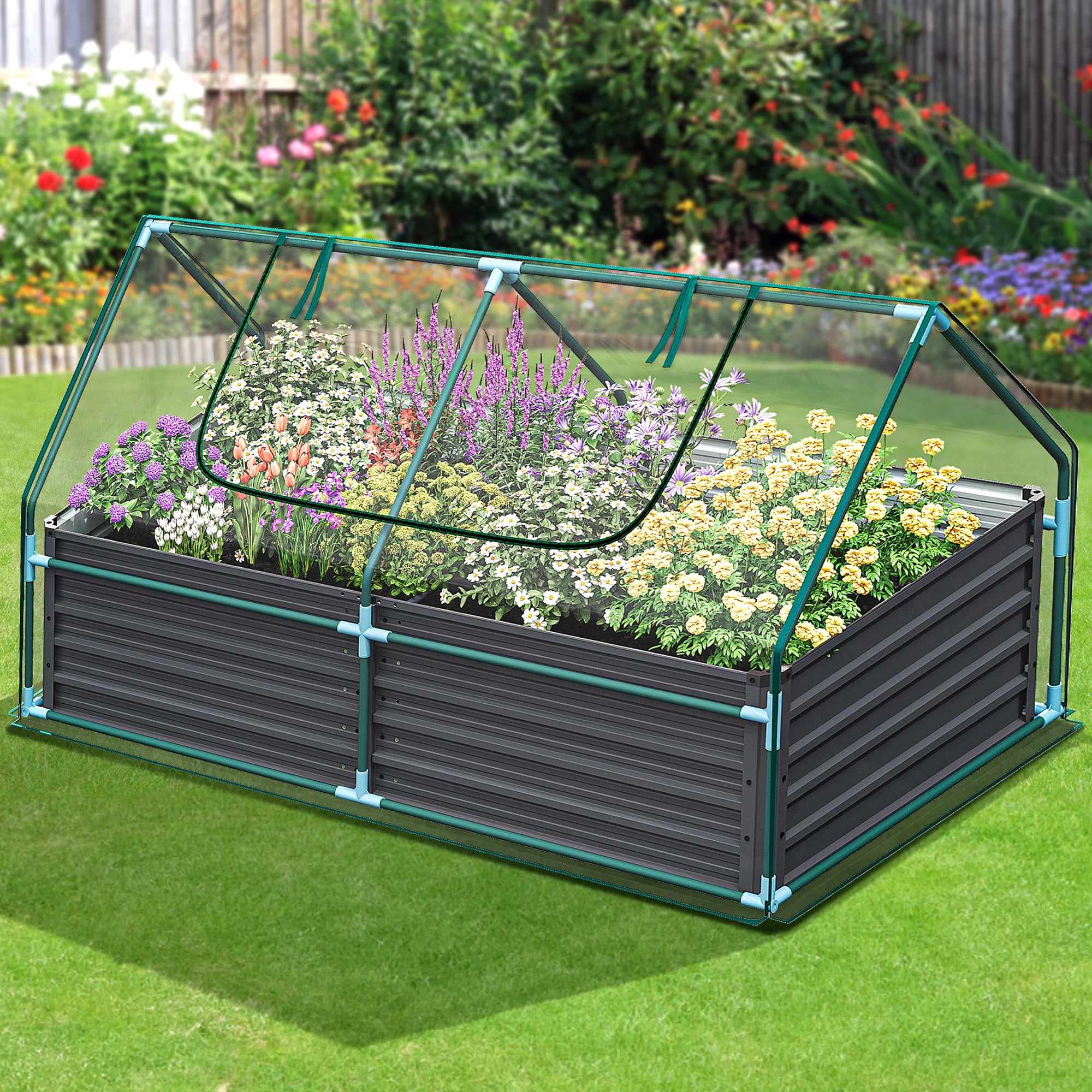 Dextrus 7.5x4x4FT Raised Garden Bed with Cover Extra Large Metal Planter Box Outdoor Flower Bed with Mini Greenhouse 2 Zipper Screen Windows for Outdoor Growing Vegetable,Ttransparent