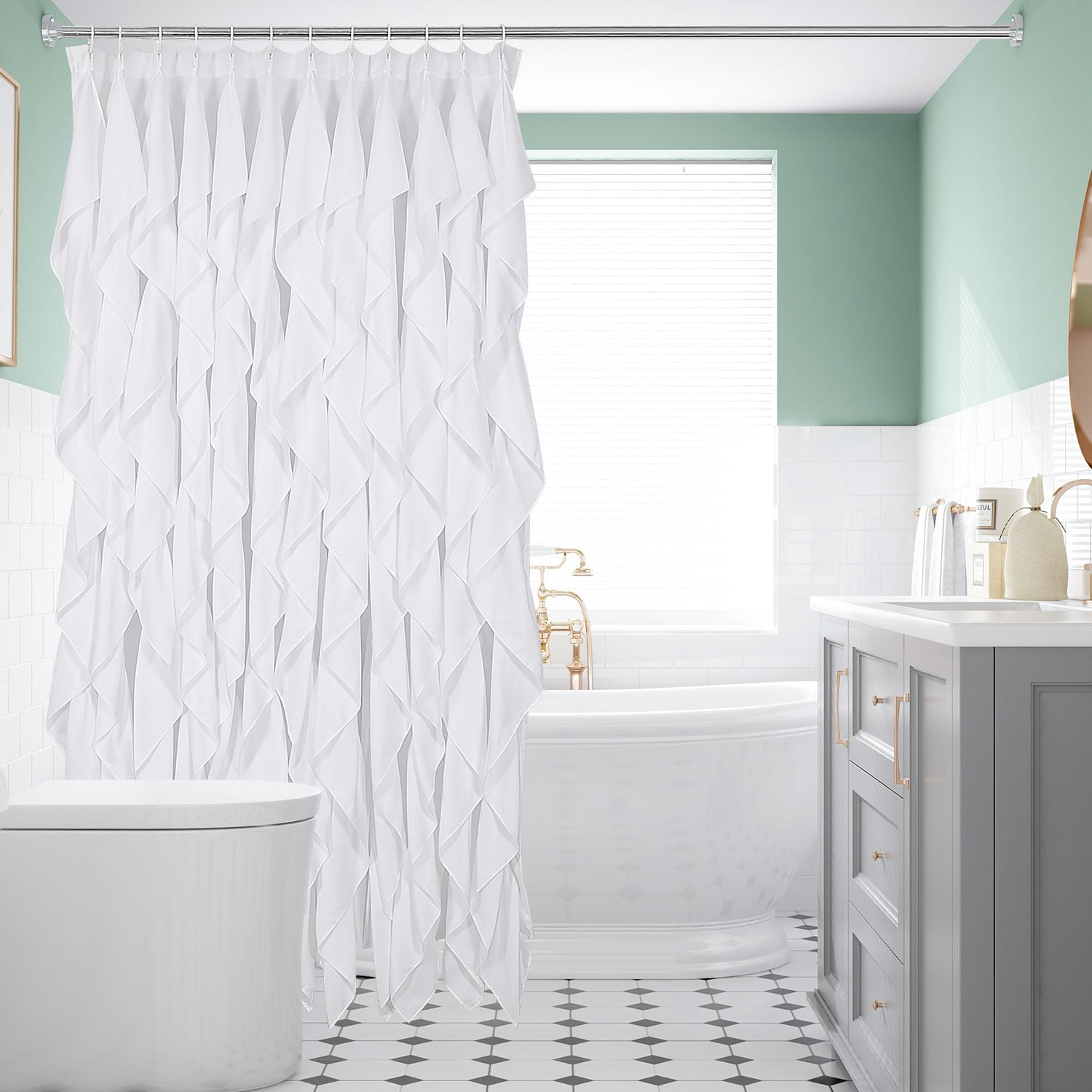 HIG Romantic Handmade Ruffle Shower Curtain, Microfiber Cloth, Quick