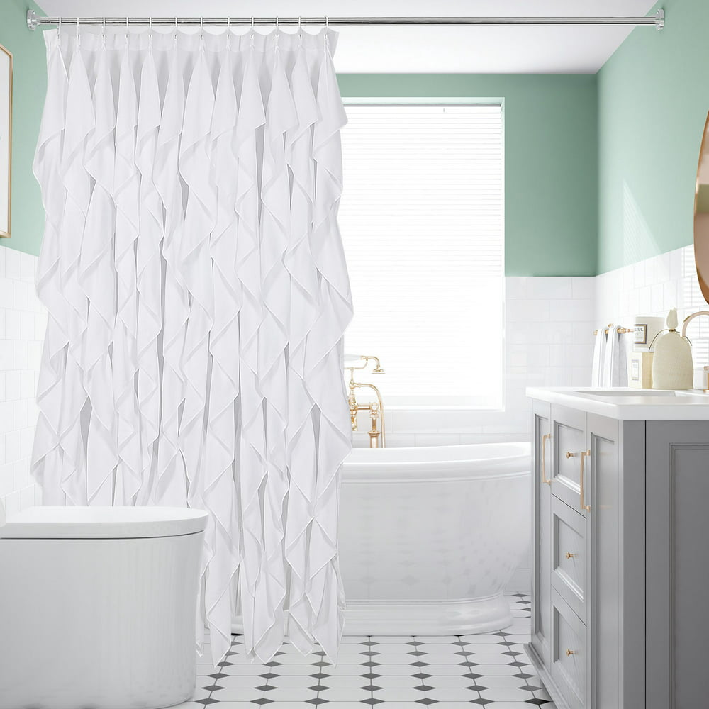 Homechoice Farmhouse Style White Ruffle Shower Curtain 72 In Long And Wide Quick Drying 12