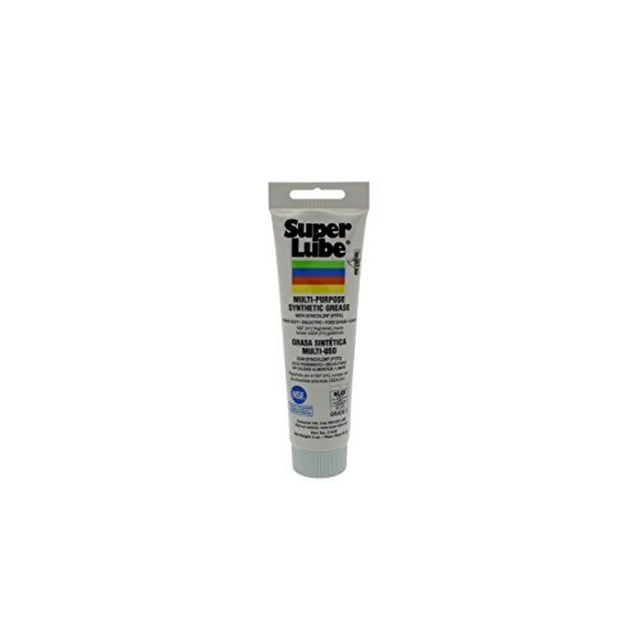 Super Lube 21030 Synthetic Grease (NLGI 2), 3 oz Tube. A compact, grey tube with a screw-on cap, featuring the Super Lube logo and product details printed on the front. Suitable for lubricating power tools and accessories.