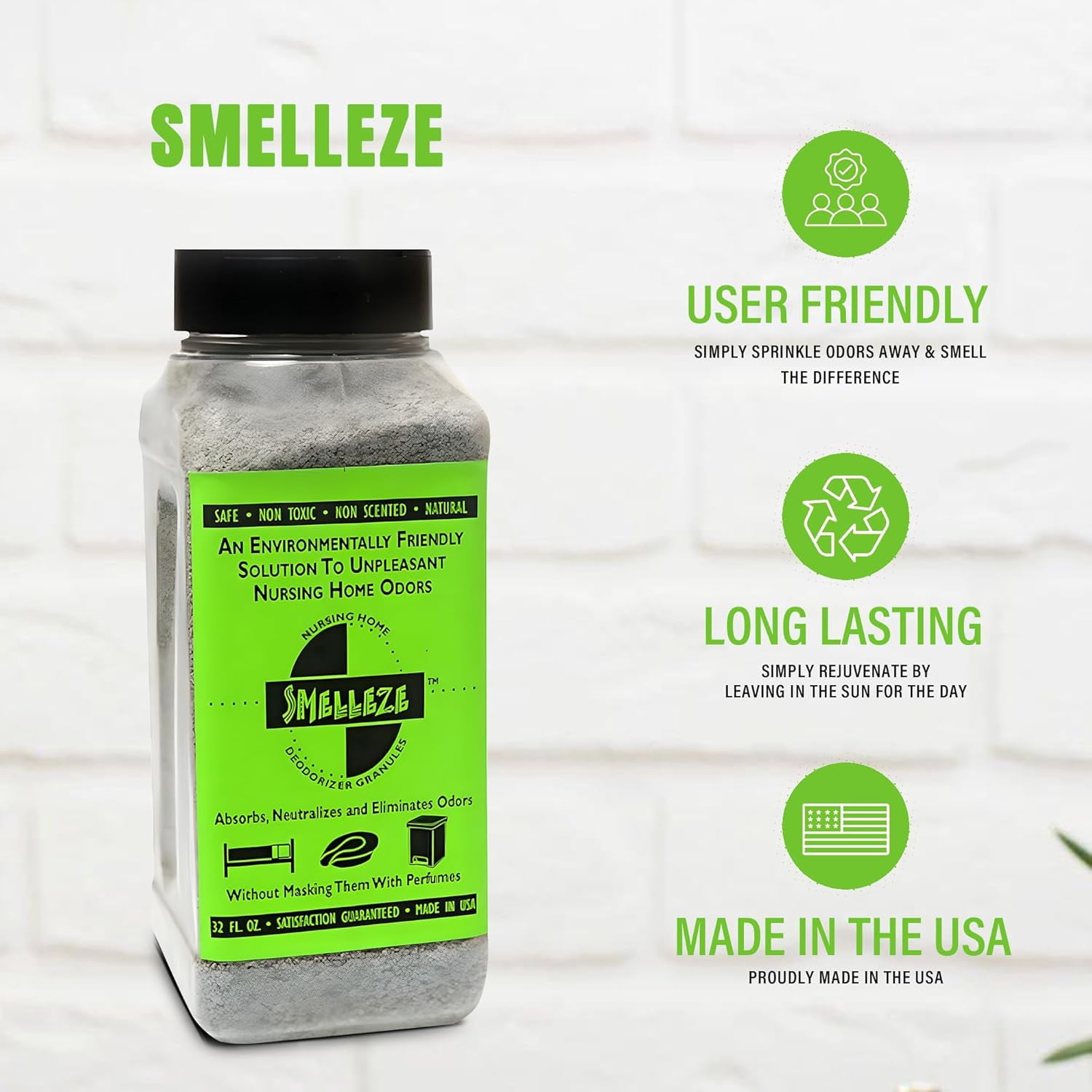 SMELLEZE Natural Elderly Odor Remover Deodorizer: 2 lb. Granules Destroy Sick Room Stench