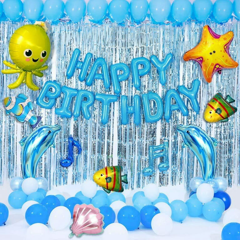 YANSION Under The Sea Party Decorations, Ocean Theme Party Supplies with  Dolphin Octopus Starfish Shell Blue Happy Birthday Balloons for Boys Baby