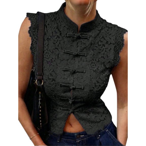 Gynyvoja Womens Lace Mandarin Collar Guipure Split Tank Top Sleeveless Shirt Blouses Black S