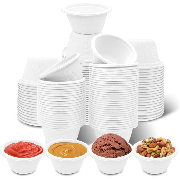150 Pack 2 oz Small Paper Bowls, White Disposable Natural Bagasse Cups, Small Heavy-Duty Disposable Compostable Bowls for Sample Snack, Ice Cream, Salad, Soup, Dessert, Sauce, Condiment