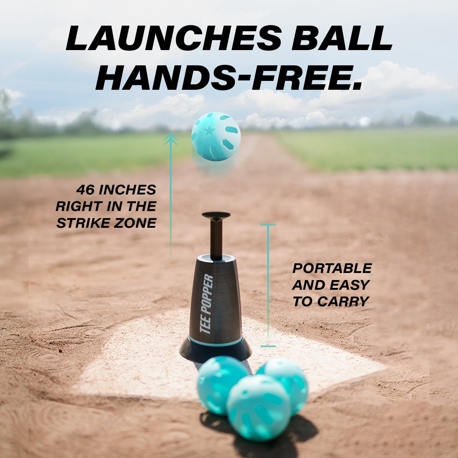 Bandit Sports Tee Popper Baseball Training Ball Launcher, Hands-Free Solo Practice for Hitting, Fielding & Reaction Drills