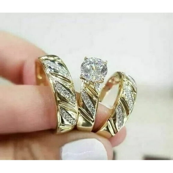 Round Cut Simulated Diamond Wedding His & Her Trio Ring Set 14K Yellow Gold Plated Silver