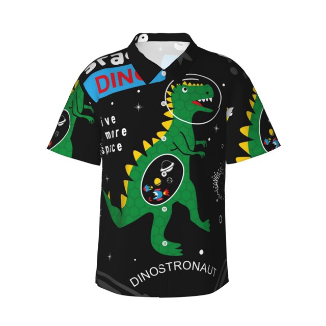 Balery Space Dino Cartoon Black Camisas hawaianas de manga corta para hombre, camisas playeras de corte holgado, camisas de vacaciones con botones,XX-Large