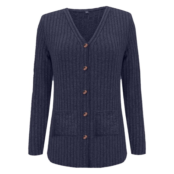 ManxiVoo Cardigan en Tricot Côtelé pour Femme avec Poches, Léger, Manches Longues, Ouvert à l'Avant, Couvre-Maillot, Tenue de Détente Confortable pour l'Automne, Taille TTG, Bleu Marine