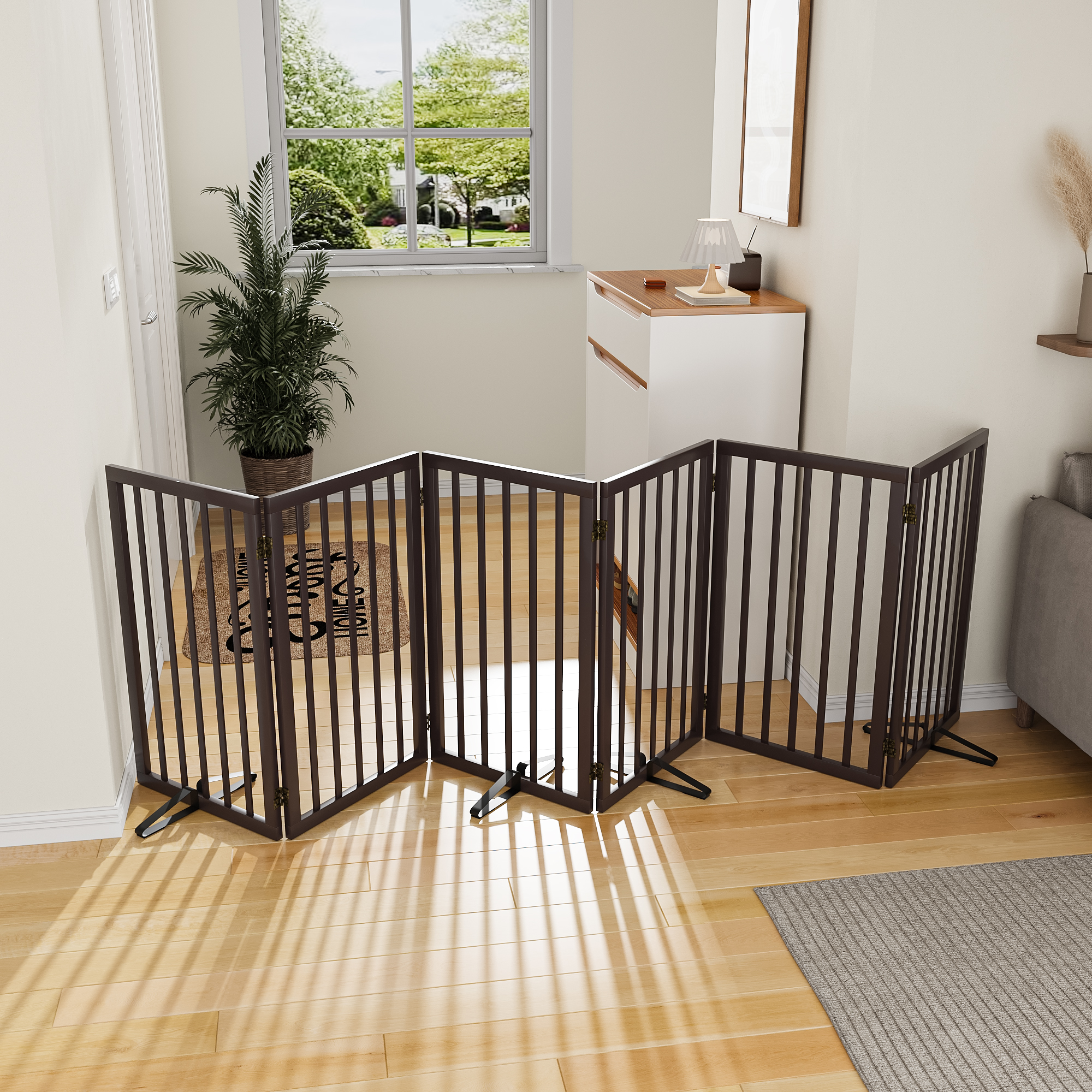 Smart FENDEE 6 Panel Foldable Bamboo Freestanding Pet Gate with Dog Gate, Expands to 110 in Wide