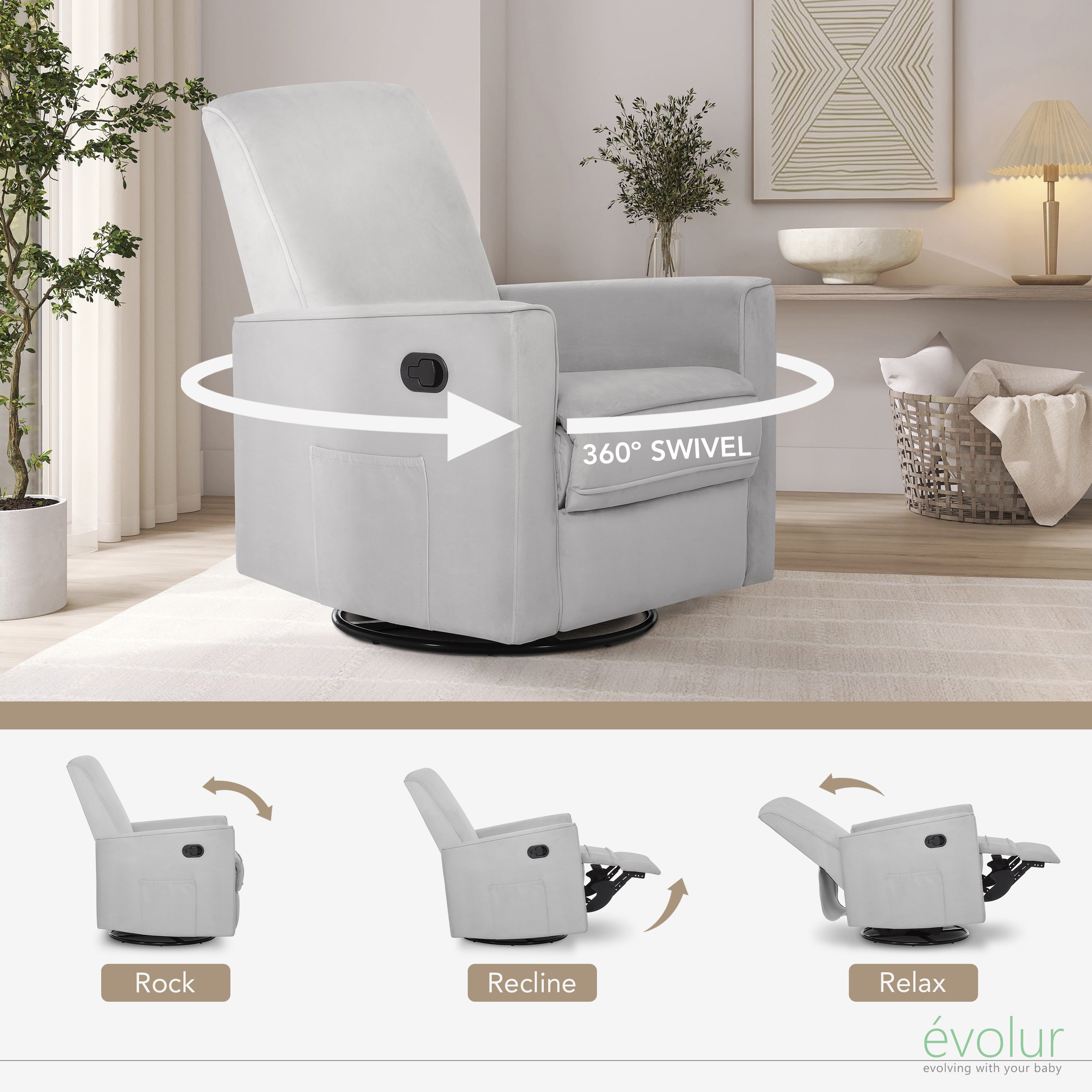 Evolur Raleigh Nursery Glider Recliner and Rocking Chair in Gray, 360° Swivel Motion, Multiple Recline Positions, Easy to Clean, FSC and Greenguard Gold Certified