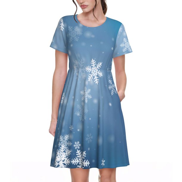 Disketp Snowflakes1 para Vestido de Manga Corta para Mujeres, Vestidos de Verano para Mujeres, Casual y Holgado para la Playa