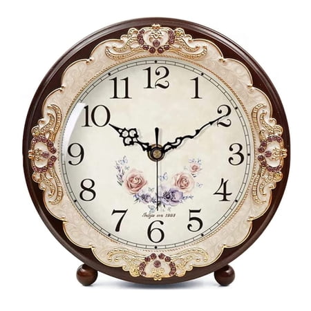 Vintage Wooden Table Clock - Retro Non-Ticking Silent Quartz Battery Operated Decor for Mantle, Desk, Bedroom, Living Room, Indoor