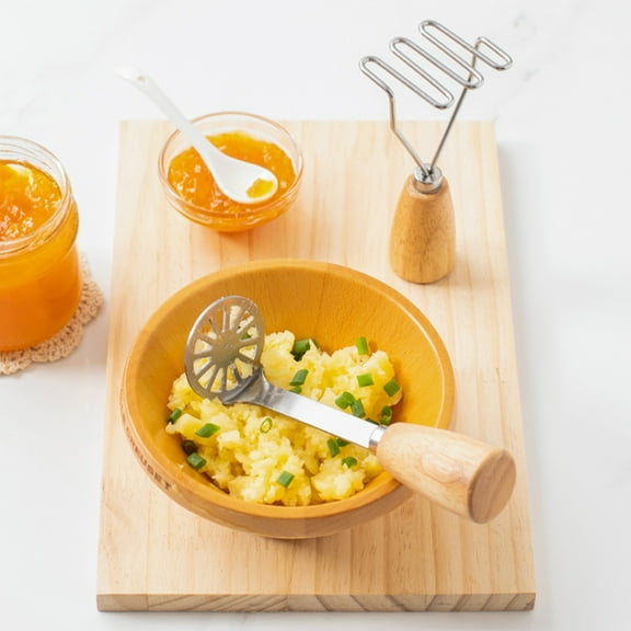 Potato Masher, Stainless Steel Wooden Handle Masher Kitchen Tool Food Masher for Potatoes, Vegetables, Berries, Fruits, Baby Food