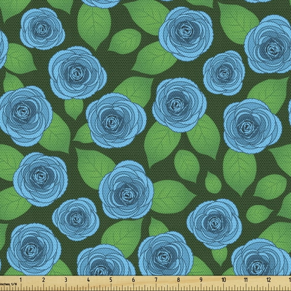 Floral Fabric by the Yard Upholstery, Repetitive Blue Roses Leaf Natural Beauty Illustration Vintage Garden Art, Decorative Fabric for DIY and Home Accents, Emerald and Sea Blue by Ambesonne