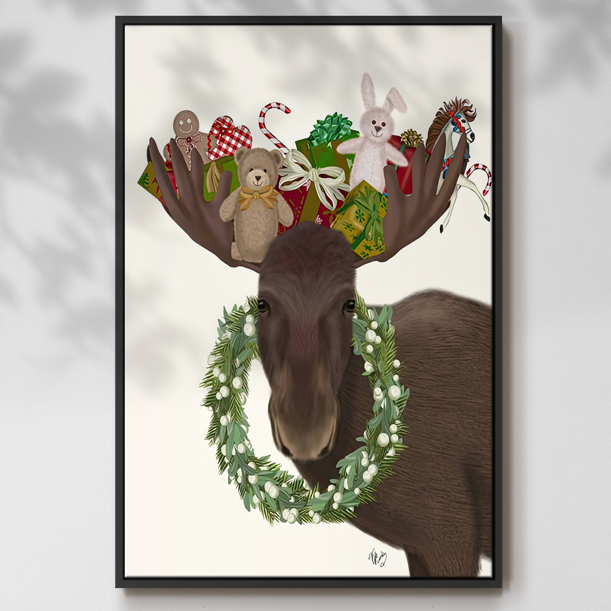 Christmas Moose and Christmas Gifts - Framed Gallery Wrapped Holiday Canvas - 17 x 25 - Black Frame