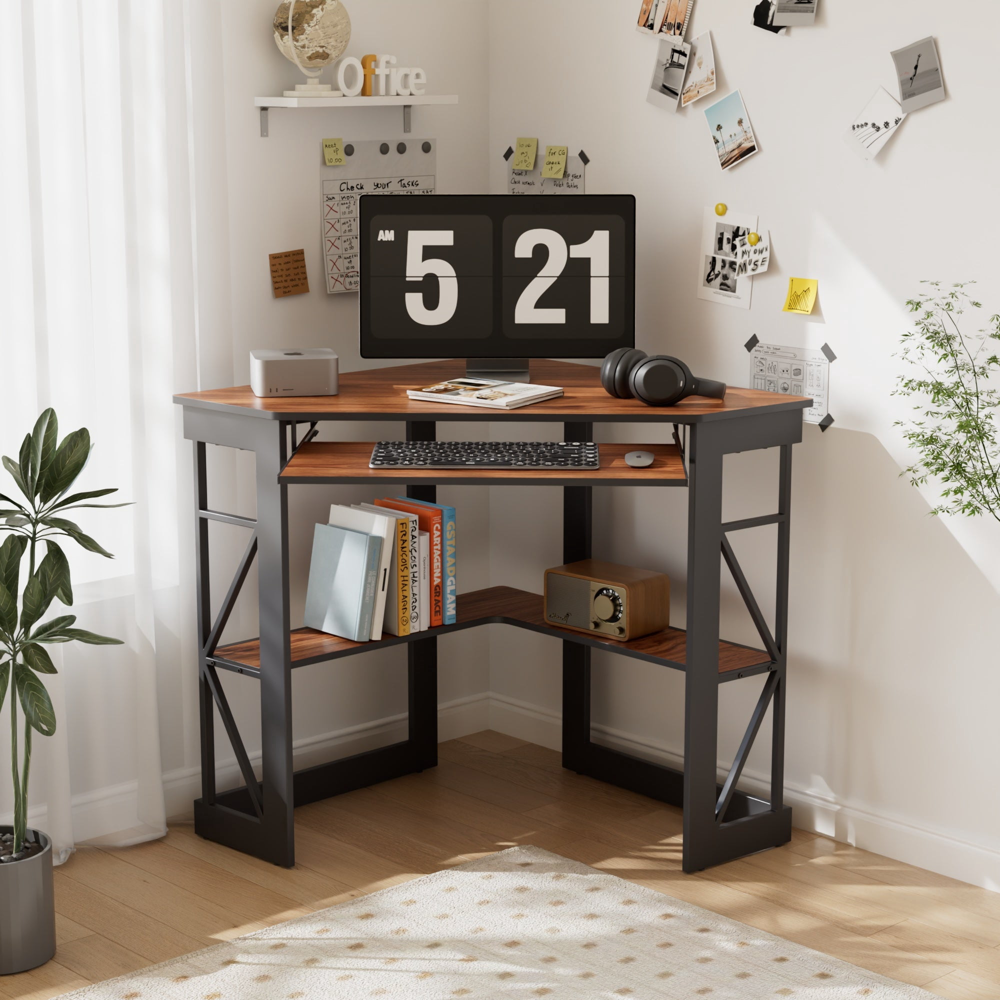 VECELO Corner Computer Desk with Keyboard Tray and Storage Shelf, Student Study Writting Table Workstation for College Dorm Apartment Home Office, Brown (90 Degrees)