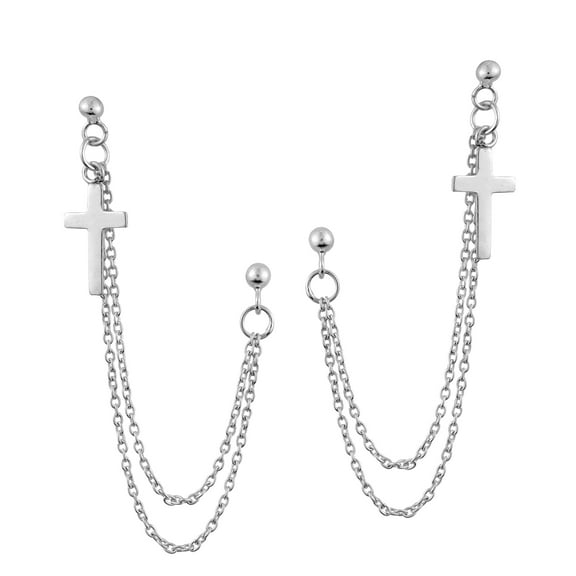 Unique Cross and Chain Double Pierced Dangle Sterling Silver Earrings