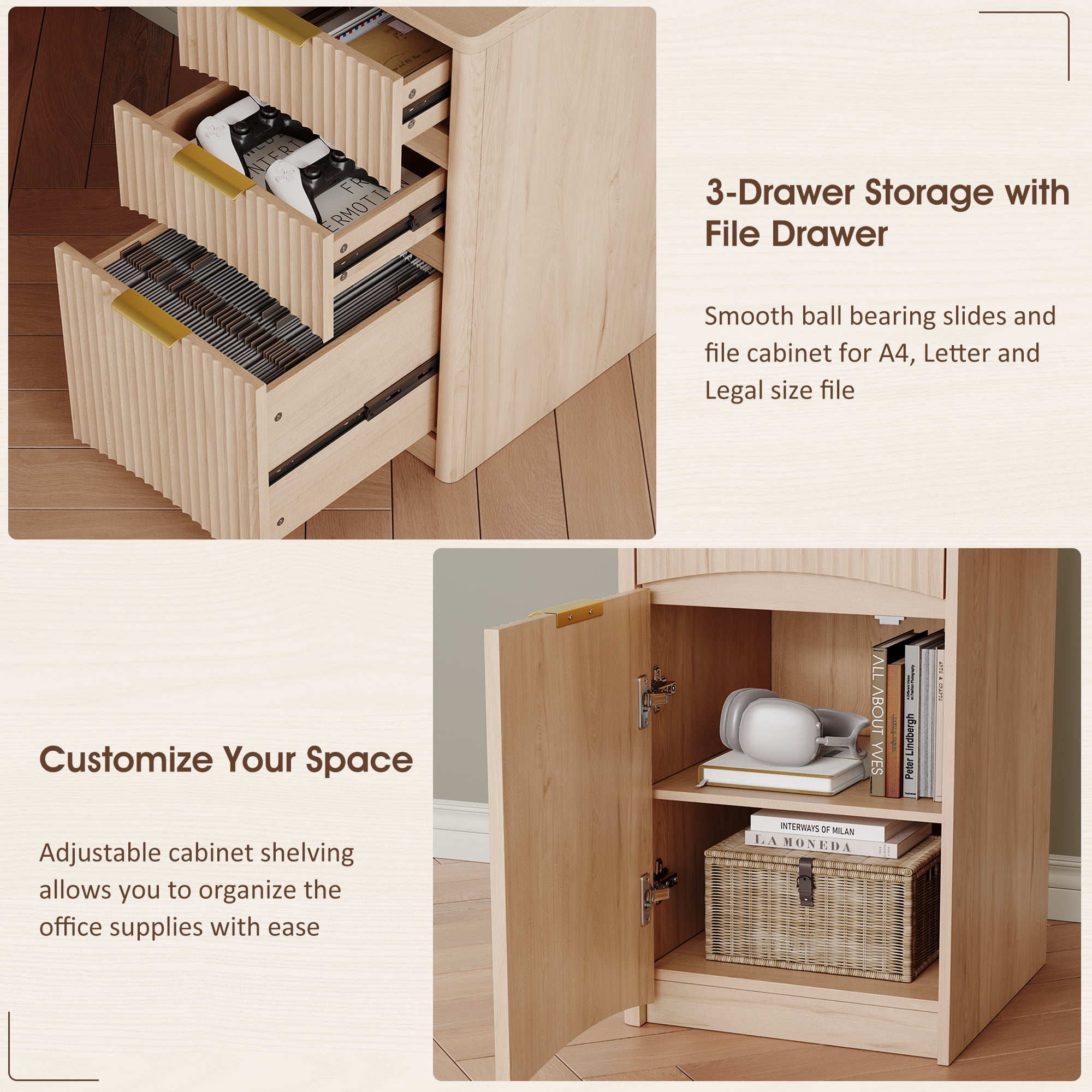 63'' Fluted L Shaped Desk with Drawers, Corner Computer Desk with Storage, Modern Executive Home Office Desk with File Cabinet and Charging Station, Natural Oak