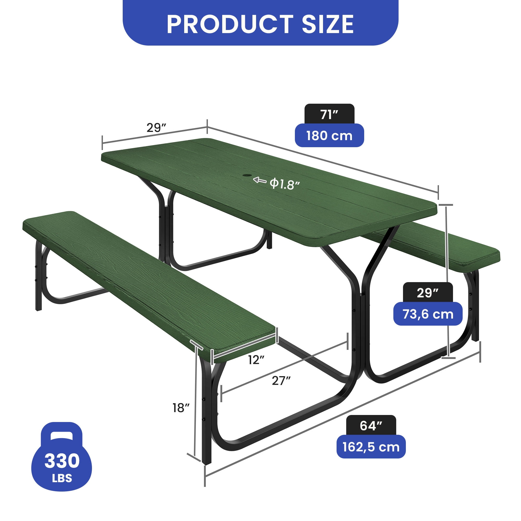 Uforic 6ft Outdoor Picnic Table Set with Benches, Sturdy Steel Frame & Wood-Grain Tabletop, Weather-Resistant w/Umbrella Hole, Green