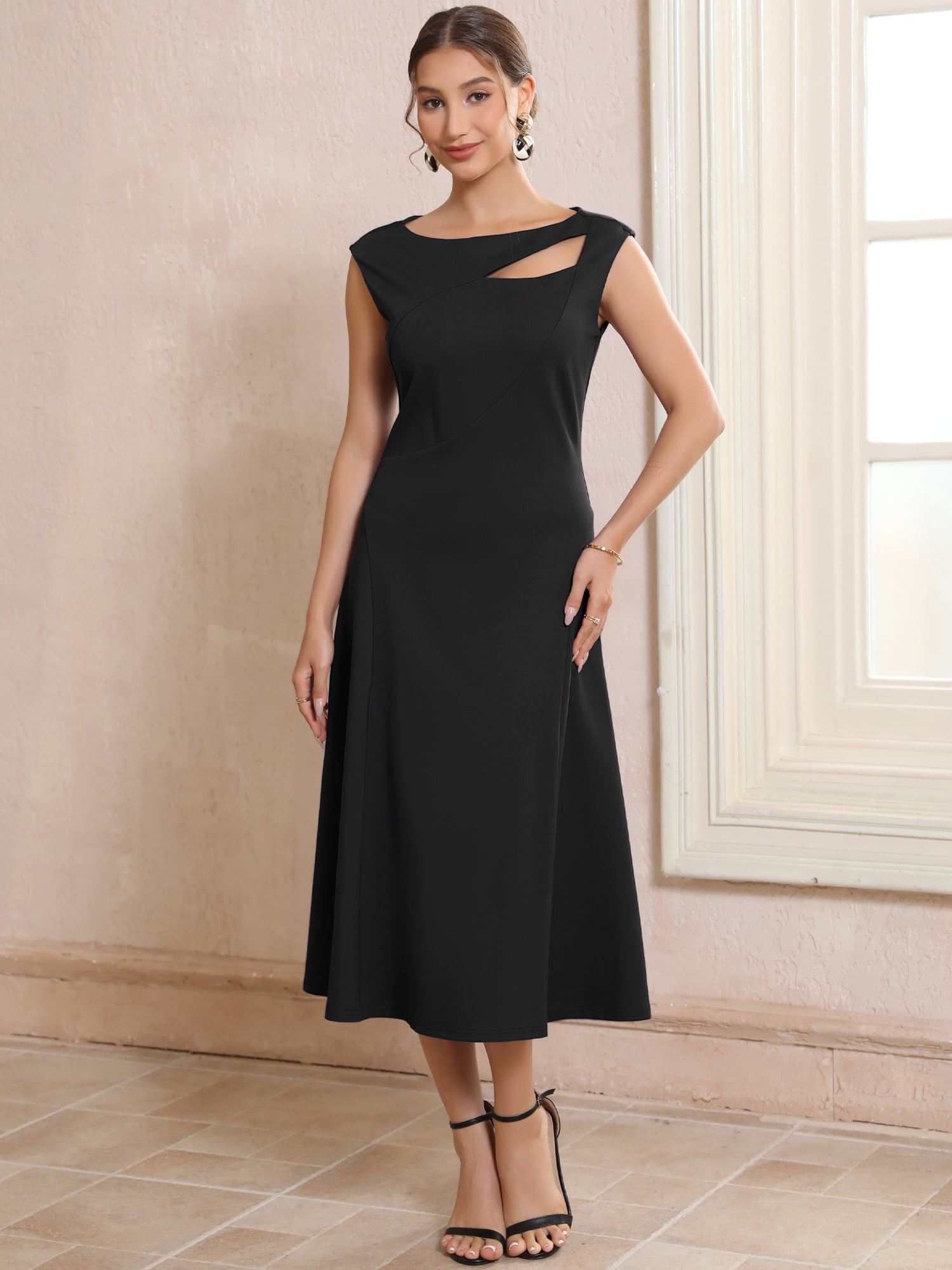 DARING DIVA Women's Keyhole Neck Cut Out Sleeveless Flared Dresses M Black