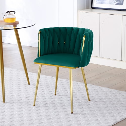 Set of 2 Modern Velvet Dining Chairs with Woven Backrest & Golden Metal Legs – Upholstered Accent Chairs for Dining Room, Kitchen, Living Room, Bedroom, Vanity, Green