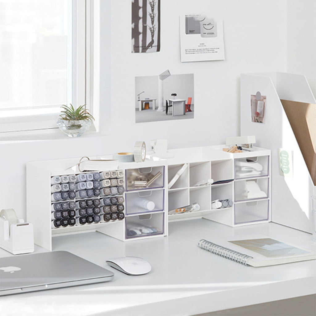 Stacking Marker Organizer 6-grid Inclined Pen Slots Large Capacity Desk Marker Organizer Storage Holder with 3 Drawers
