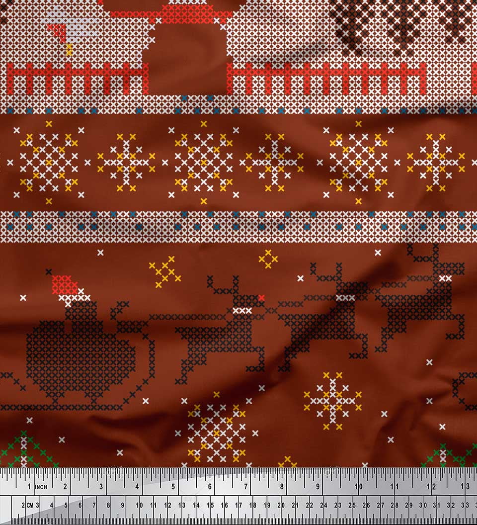 Soimoi Poly Georgette Fabric Cross Stitch Christmas Fabric Prints By Yard 42 Inch Wide