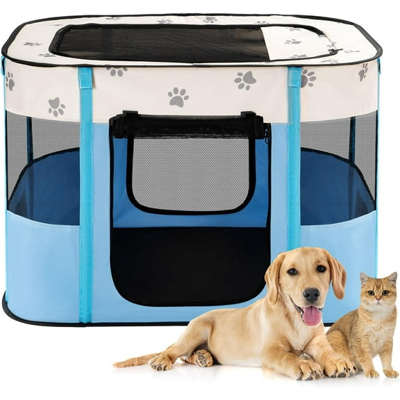 Avont Portable Dog Cat Playpen, Foldable Pop Up Pet Play Pen Travel Crate with Floor and Mesh Door Top for Indoor Outdoor Collapsible Tent Cage -L, Blue