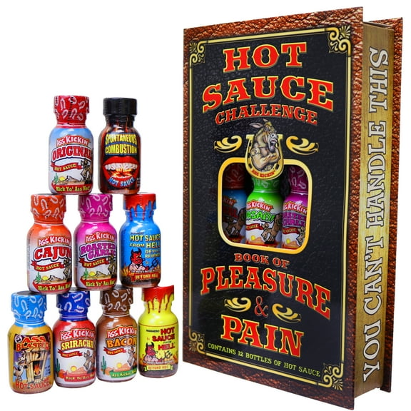 Hot Sauce Challenge Book Of Fun & Pain - 12 – 0.75 Ounce Bottles - Hot Sauce Variety Pack - Perfect Gourmet Hot Sauce Sampler - Try This Hot Sauce Gift Set If You Dare!