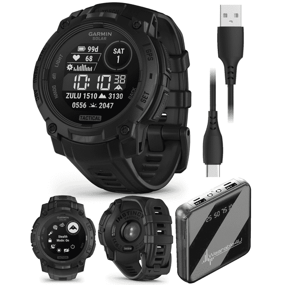 Garmin Instinct 3 Tactical Edition, Solar Charging Display, 45mm, Rugged Outdoor GPS Smartwatch with Wearable4U PowerBank Bundle