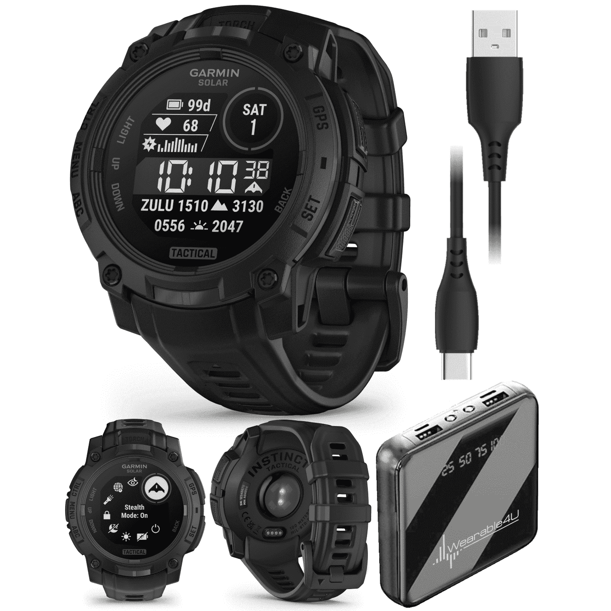 Garmin Instinct 3 Tactical Edition, Solar Charging Display, 45mm, Rugged Outdoor GPS Smartwatch with Wearable4U PowerBank Bundle