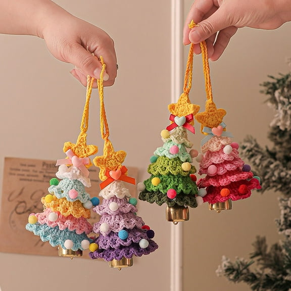 Handmade Crochet Christmas Tree Ornaments Set of 4, Multicolor Yarn Hanging Decorations with Bell & Star, Cute Holiday Décor for Christmas Tree, Home & Gifts