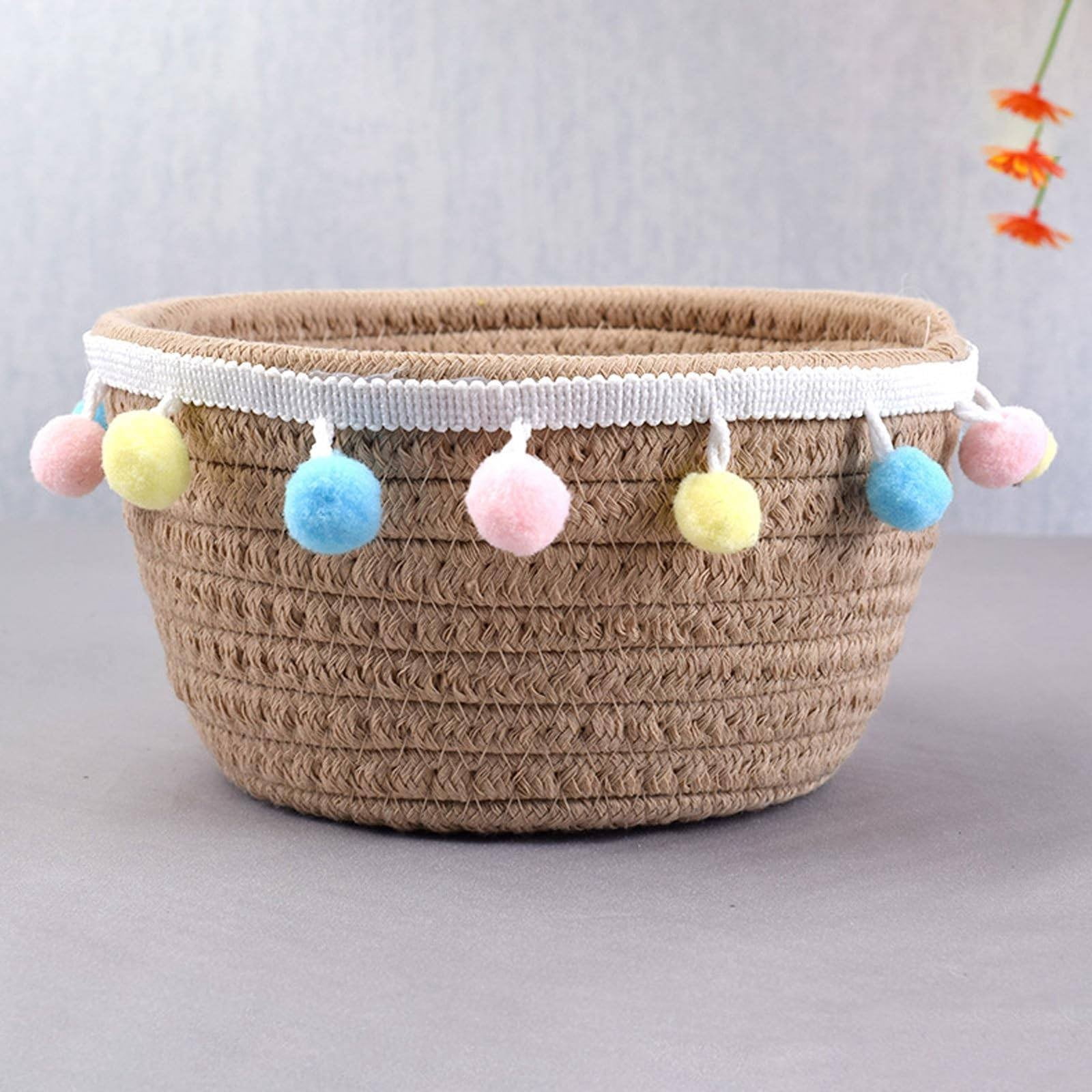 Piwvid Woven Easter Basket with Pompoms - Decorative Round Sundries Organizer | Portable Easter Egg Storage & Bedroom Decor | Handmade Cute Girls’ Holiday Display Tray