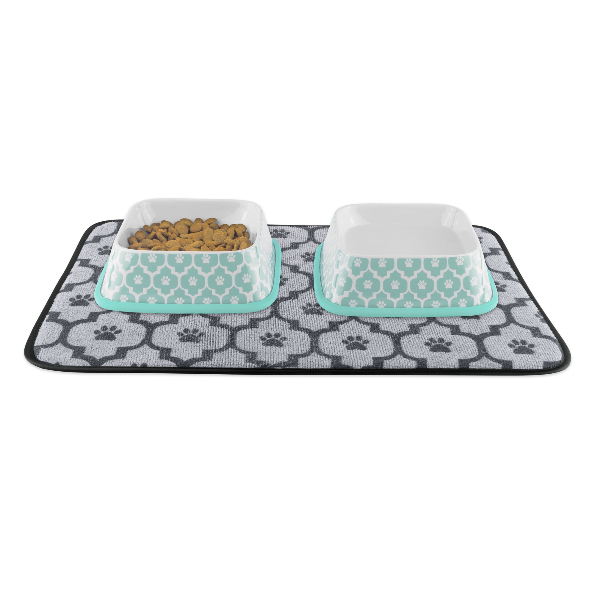 DII Pet Bowl Paw Lattice Aqua Square (Set of 2)