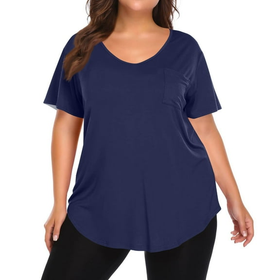 Homozy Plus Size Tops Women Short Sleeve Summer Casual Loose V Neck Blouse with Pocket Solid Color Tunic Shirts for Women