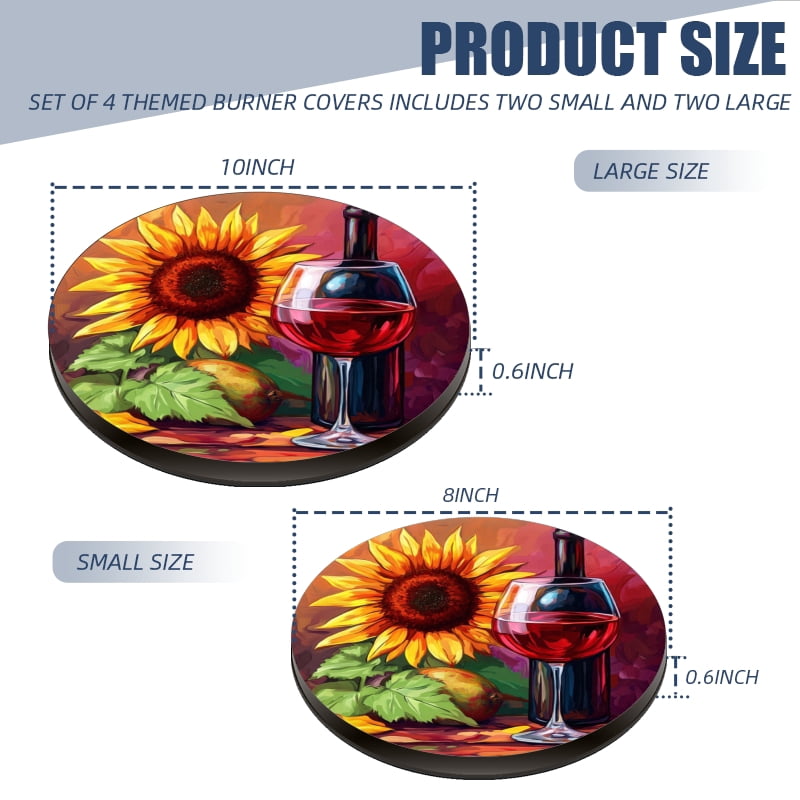 Round Burner Covers for Electric Stove, Wine Glass and Sunflower Metal Durable Burner Covers Set of 4 for Kitchen Cooktop, 8 Inches and 10 Inches