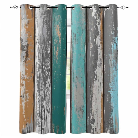 Teal Orange Grey Blackout Curtains for Bedroom/Living Room, Thermal Insulated Kitchen Curtains, Farmhouse Vintage Wooden Grommet Darkening Window Treatment Drapes 42"x84"x2