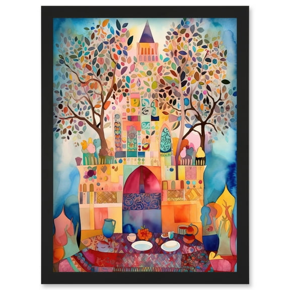 Eid Al-Fitr Feast Folk Art Watercolour Painting Artwork Framed Wall Art Print A4