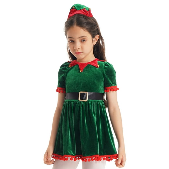 DPOIS Kids Girls Christmas Cosplay Costume Ruffled Sleeves Tassel Tutu Dress Green 2-3