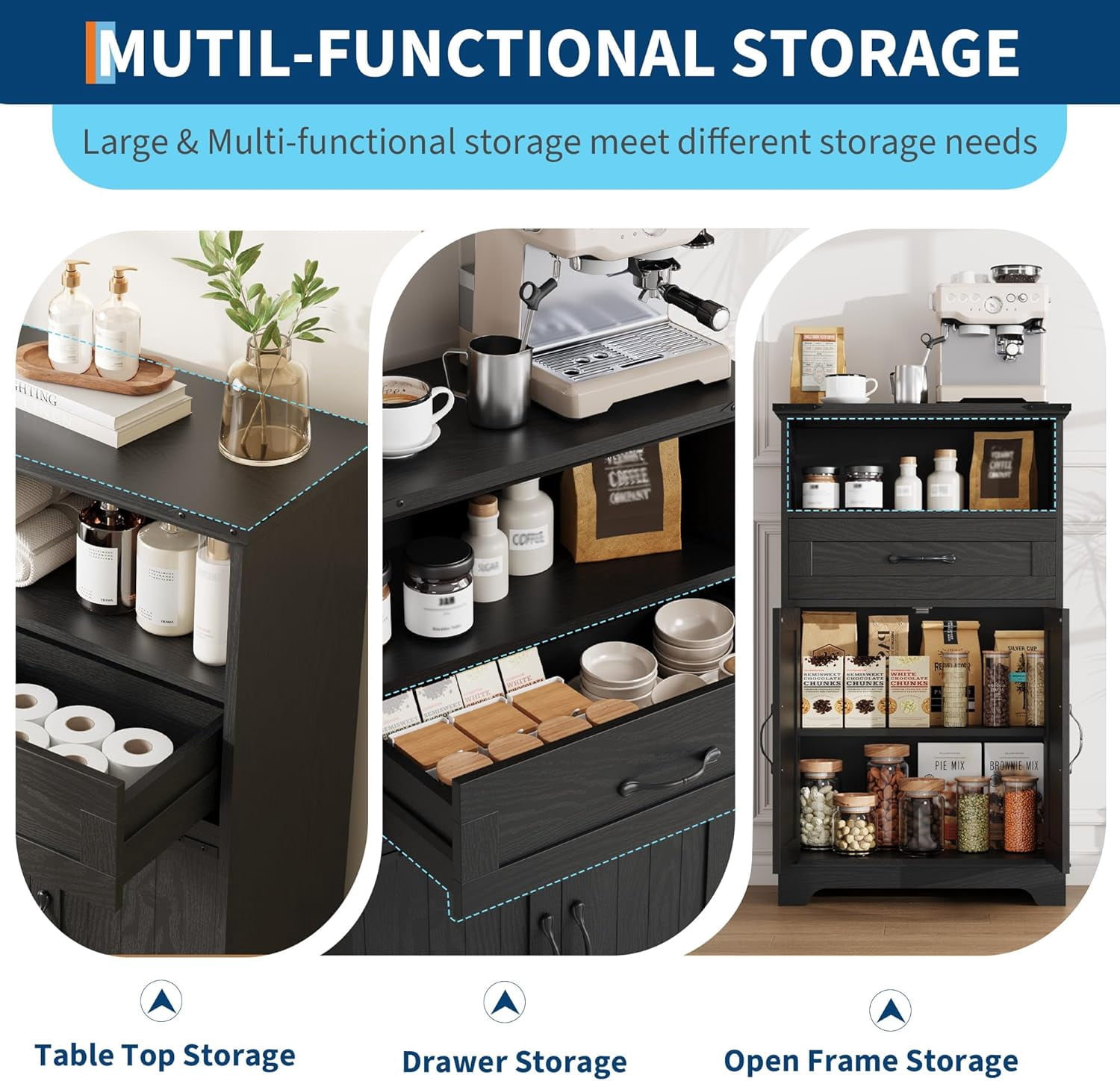 Farmhouse Bathroom Cabinet, Bathroom Storage Cabinet for Kitchen, Living Room, Entryway, Black