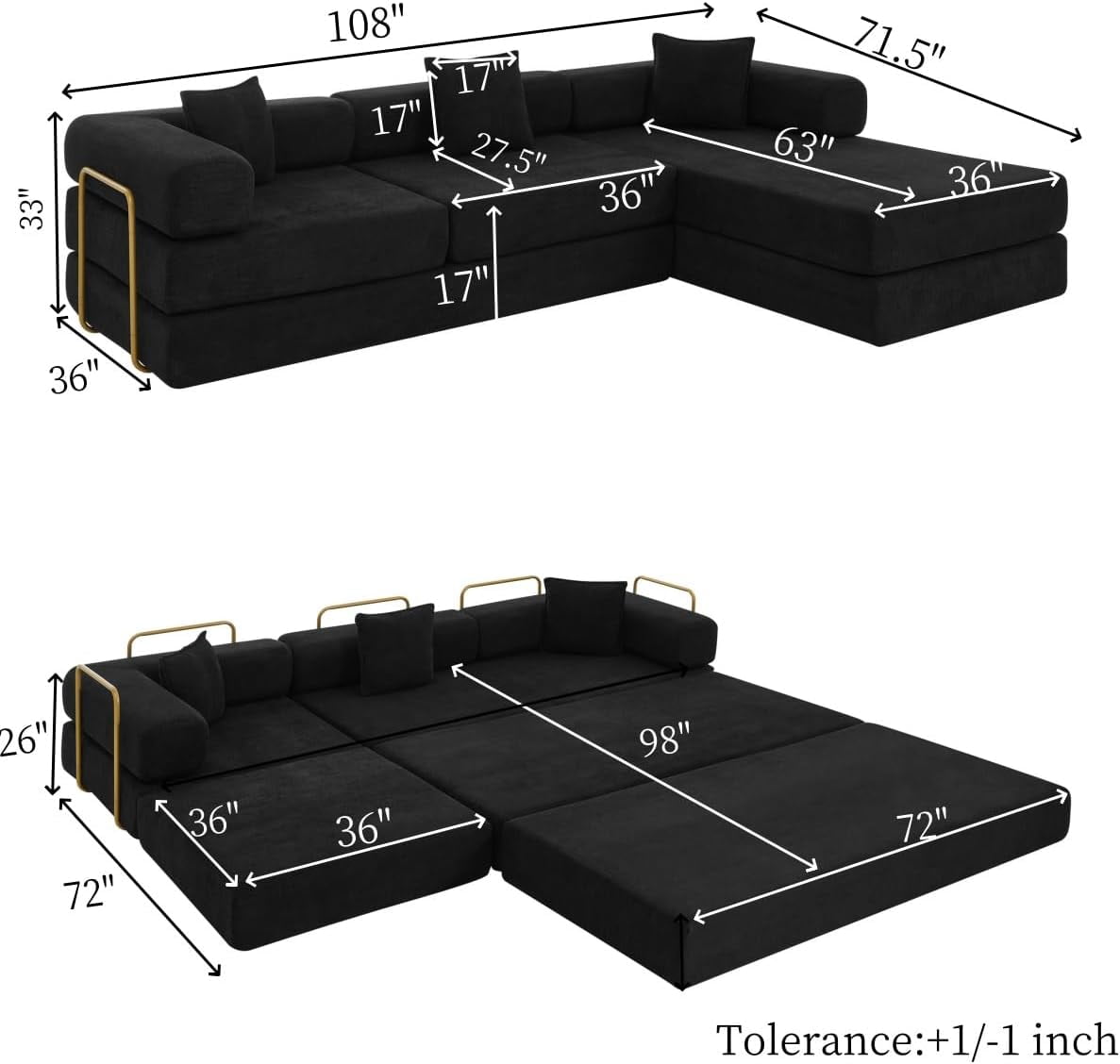 Ywen 108" Modular Sectional Sofa,Futon Convertible Sofa Bed,Oversized Corduroy Boneless Couch for Living Room,Floor Loveseat Sleeper with Pull Out Bed,Free Combination,No Assembly Required (Black)
