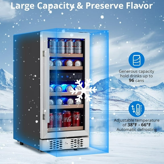 Historyli Beverage Refrigerator-96 Can with Lock-Freestanding/Built-in,Dual Zone Wine Cooler with Digital Touch Screen,Low Noise Compressor Drink Fridge for Beer,Soda,Bottles-As shown