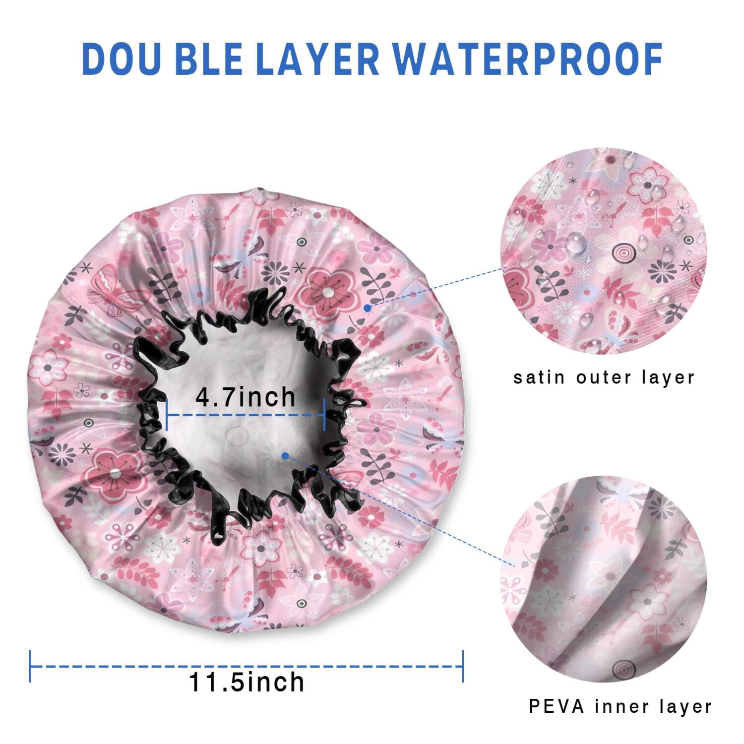 Shower Caps,Pioneer Flower Floral Print Pattern Waterproof Shower Cap for Women 4 Pieces,Double Reusable Hair Cover for Shower PEVA Elastic Stretch Hem