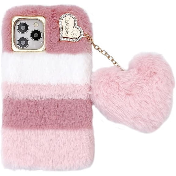 Furry Plush Case Compatible with Apple iPhone X/XS Case Fluffy Girls Cute Winter Warm Hair Handmade Soft TPU Bumper Glitter Cover Love Heart Fuzzy Ball Shockproof Cover(Pink White)
