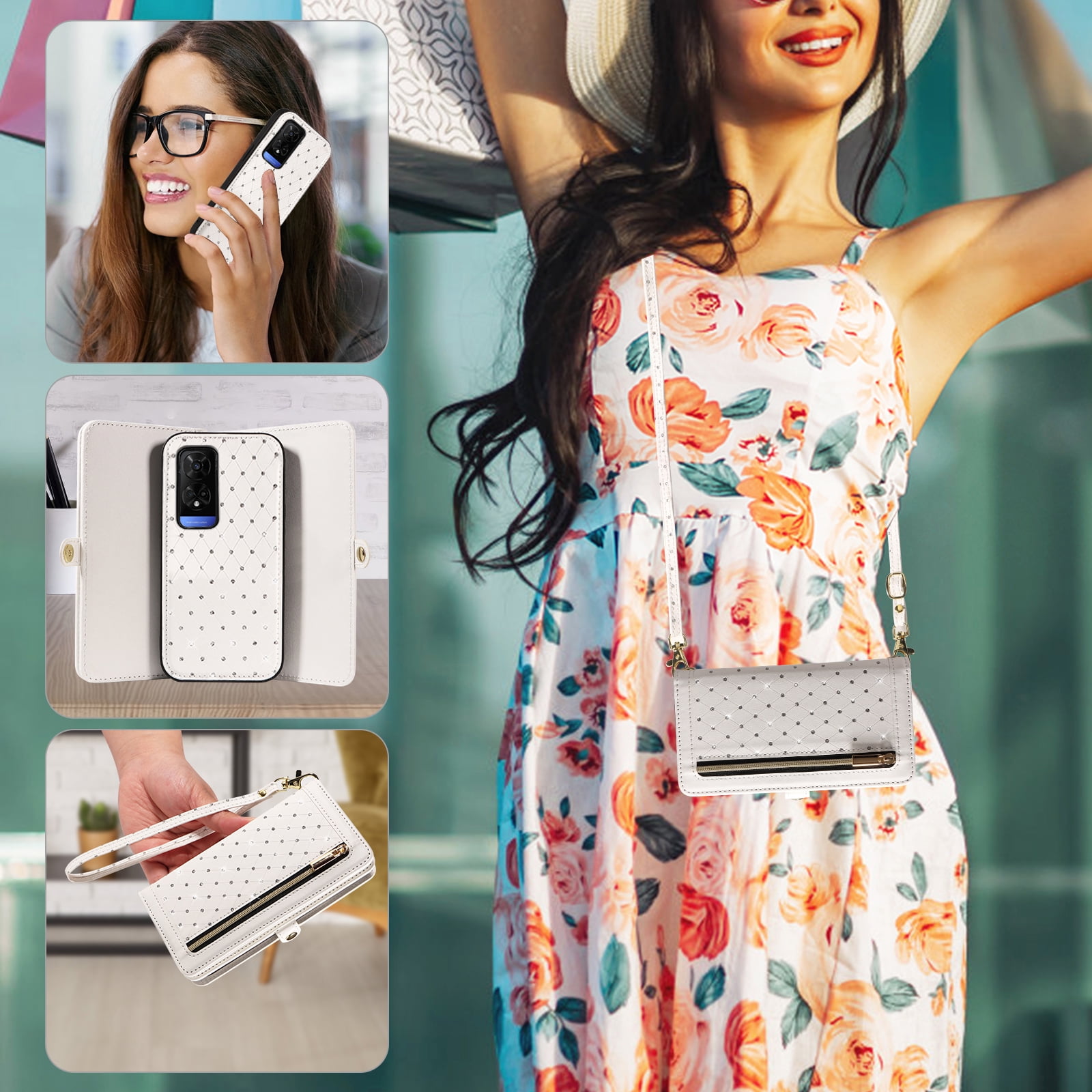 Asuwish Phone Case for TCL 50 5G/50 XE NXTPAPER/50 XE 5G Zipper Wallet Detachable Cell Cover with Tempered Glass Screen Protector Crossbody Lanyard Strap Glitter Flip Card Holder Slot Women White
