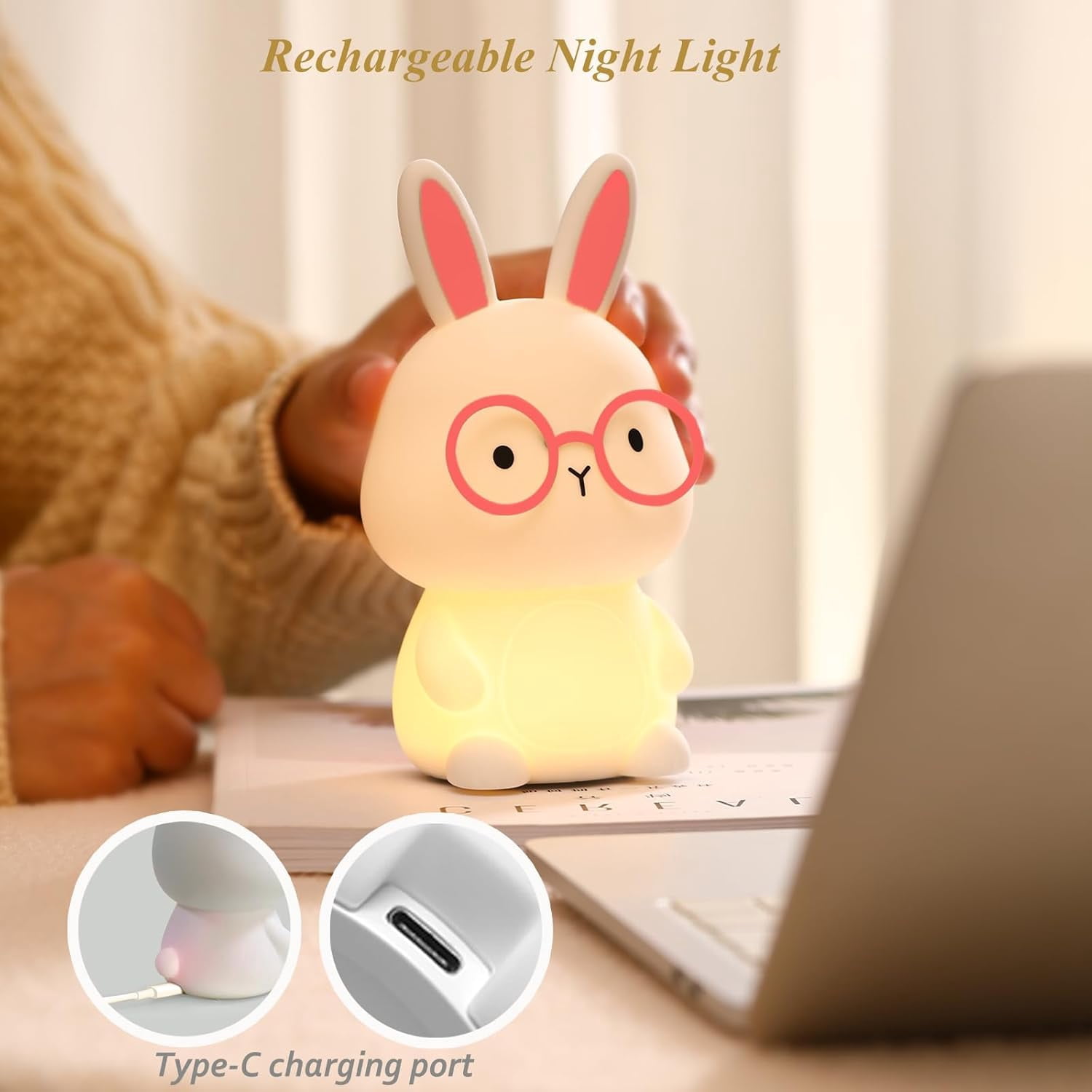 Bunny Night Light for Kids, Cute White-Pink Silicone Rabbit Lamp, 7 Colors RGB & 3-Level Warm Light, 30-Min Timer Rechargeable Touch Night Light, Easter Gifts for Baby Toddlers