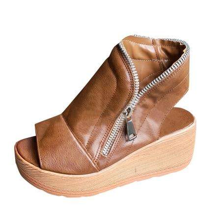

Women s Fashion Side Hollow Round Toe Solid Color Zipper Casual Platform Sandals