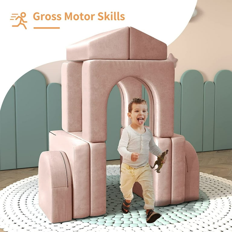 Kids Sofa Couch 10PCS Linor Modular Toddler Couch for Playroom Dutch Velvet Multifunctional Play Couch Sofa for Kids Light Pink