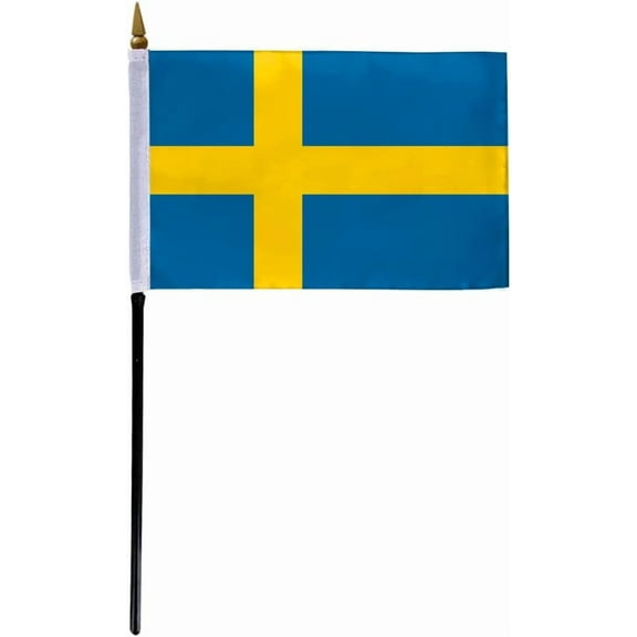 AGAS Sweden Flag 4x6 inch - 11" Plastic Pole 100% Polyester Stitched Edges Swedish Mini Flag on a Stick