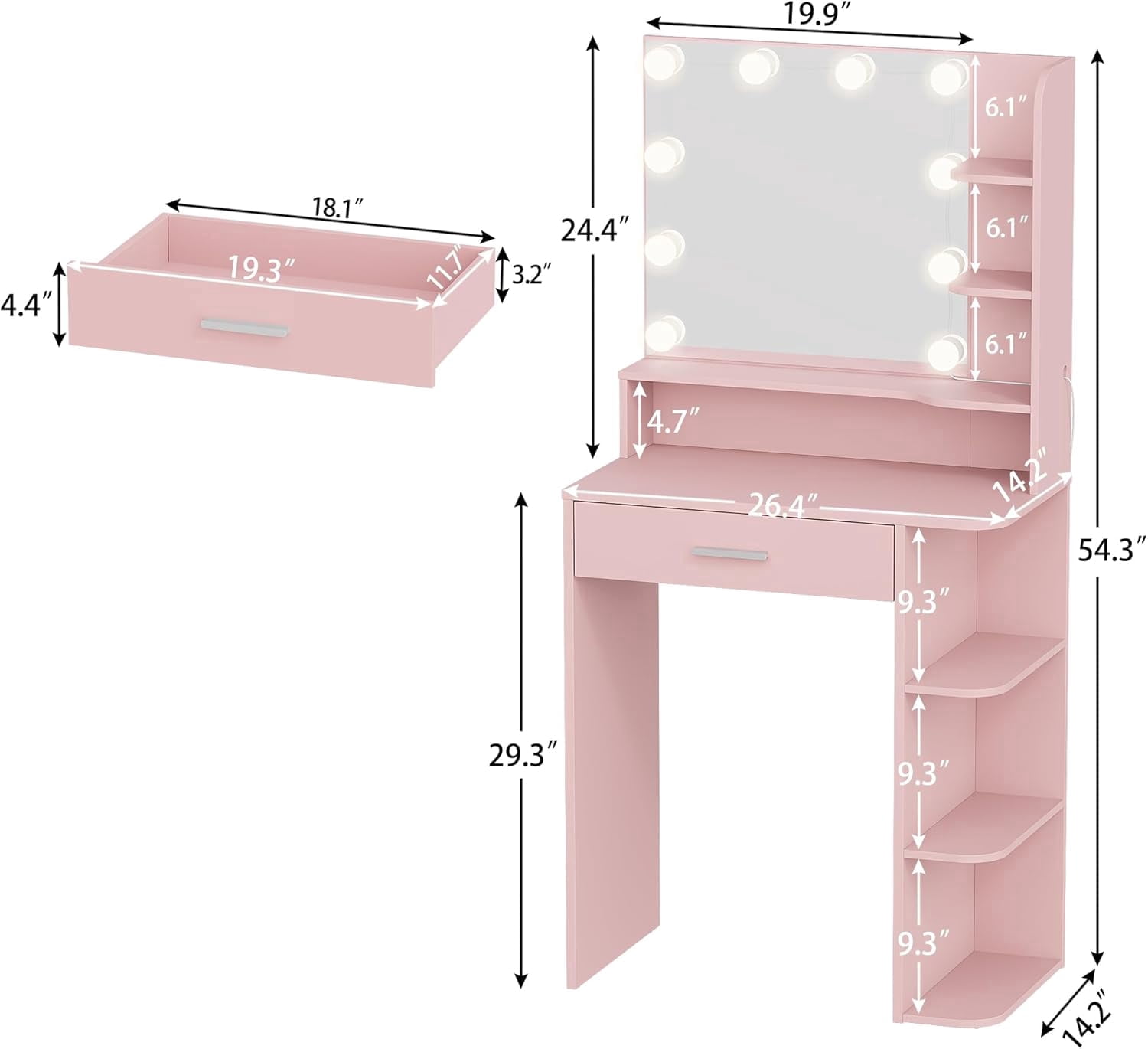 Vanity Desk with Mirror and Lights, Akaber 26.4" Makeup Vanity with Large Drawer, 6 Storage Levels, Small Pink Vanity Desk with Large LED Mirror